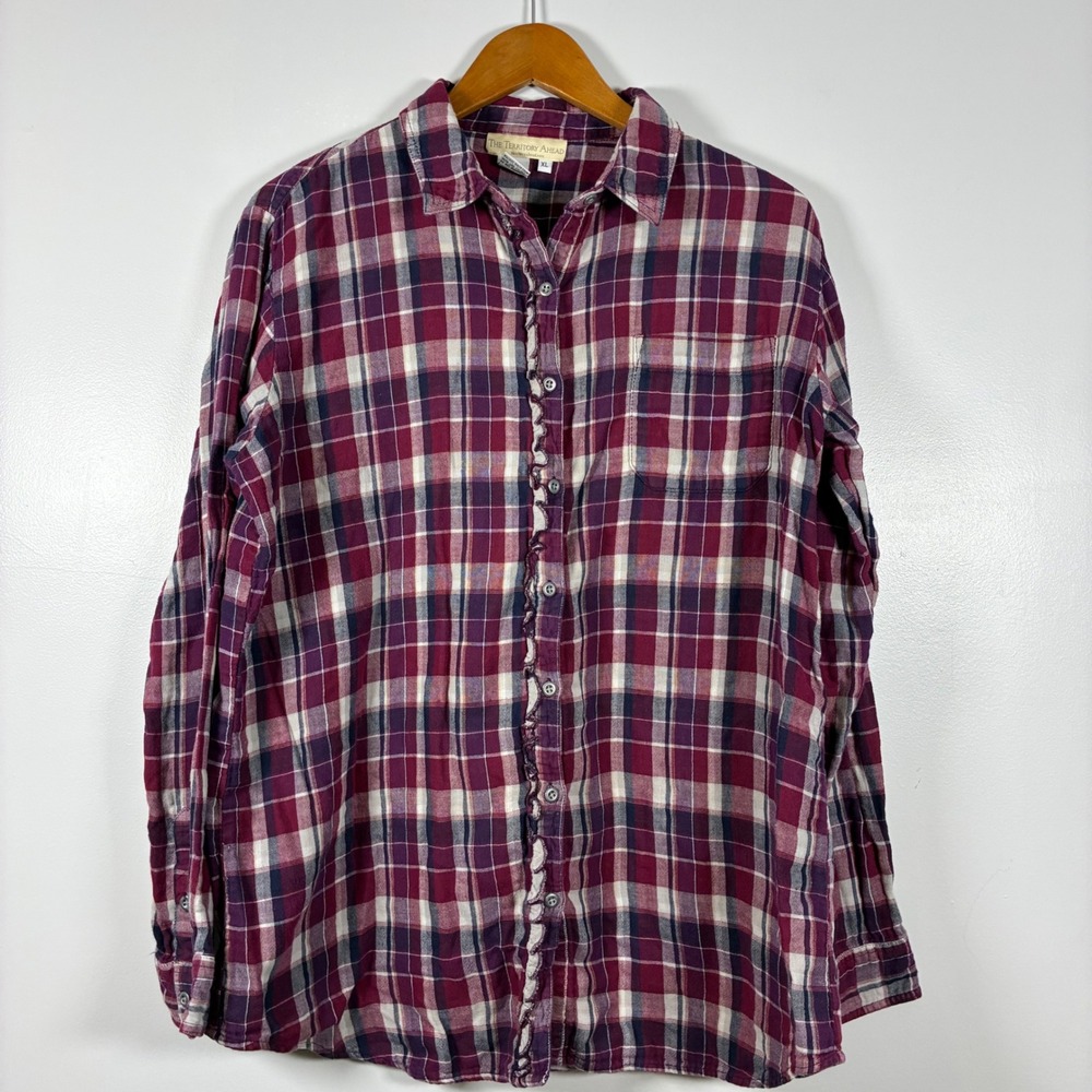 The Territory Ahead Shirt XL Plaid Ruffle Button Down Cotton Boho Cottage Preppy
